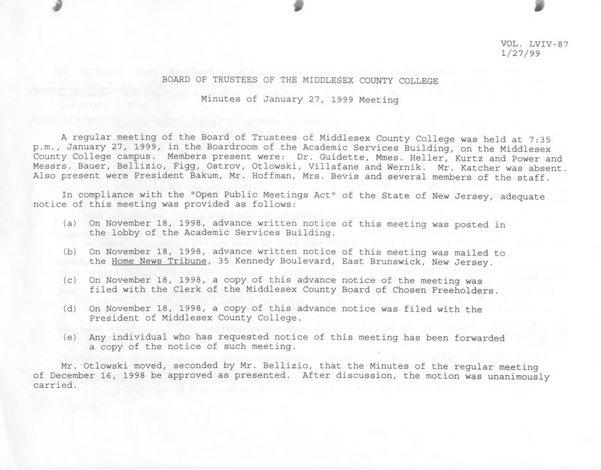 Board of Trustees Meeting Minutes - January 1999 - New Page